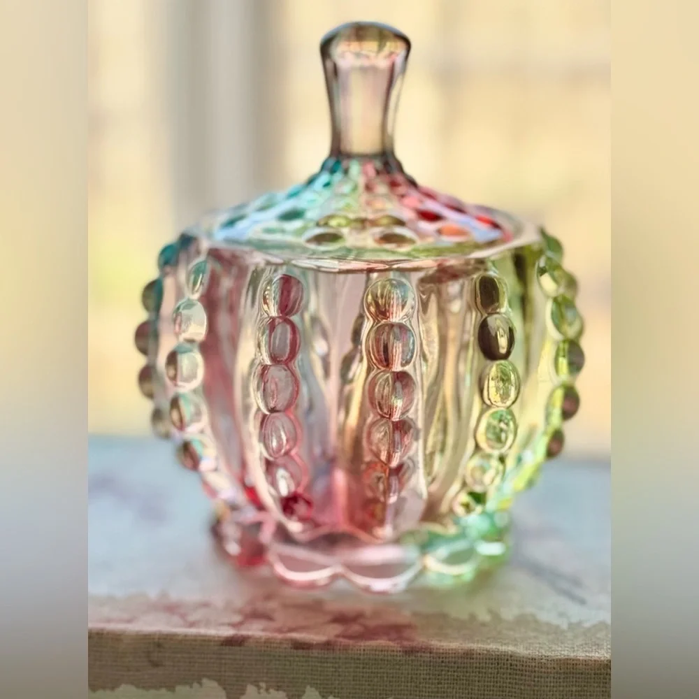 New Rainbow Fluted Knobby Glass Jewelry, Trinket, Candy Dish Decor w/ Lid - 4.5”